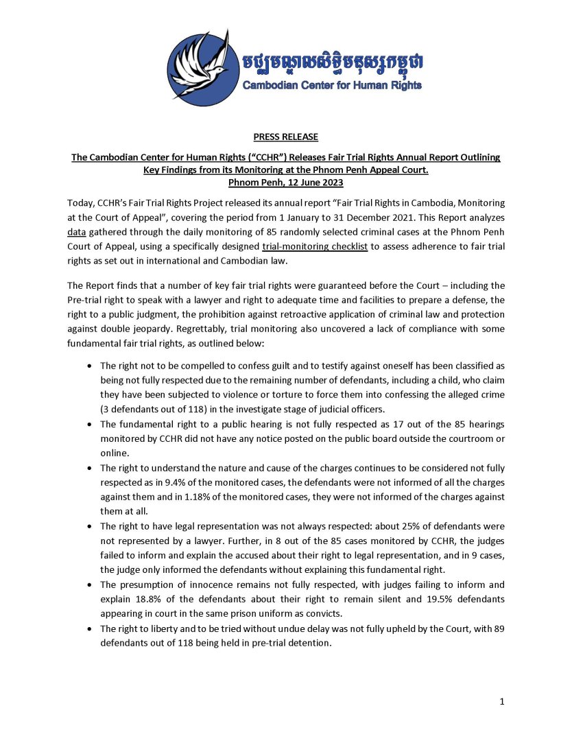The Cambodian Center for Human Rights (“CCHR”) Releases Fair Trial Rights Annual Report Outlining Key Findings from its Monitoring at the Phnom Penh Appeal Court.
