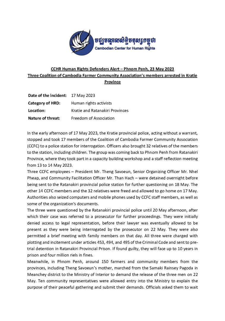 CCHR Human Rights Defenders Alert – Phnom Penh, 23 May 2023   Three Coalition of Cambodia Farmer Community Association’s members arrested in Kratie Province 