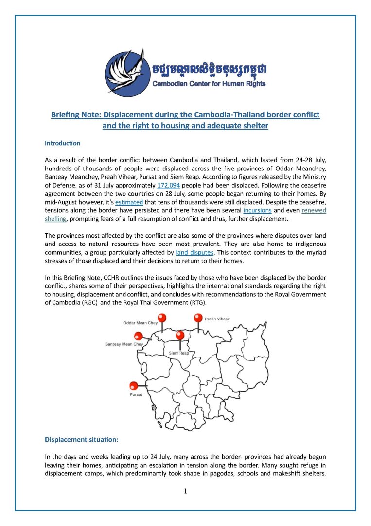 Briefing Note: Displacement during the Cambodia-Thailand border conflict and the right to housing and adequate shelter