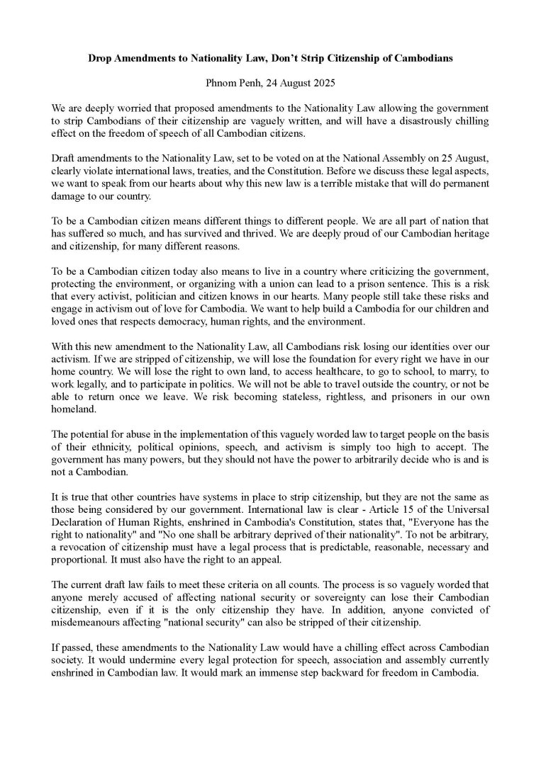 Drop Amendments to Nationality Law, Don’t Strip Citizenship of Cambodians