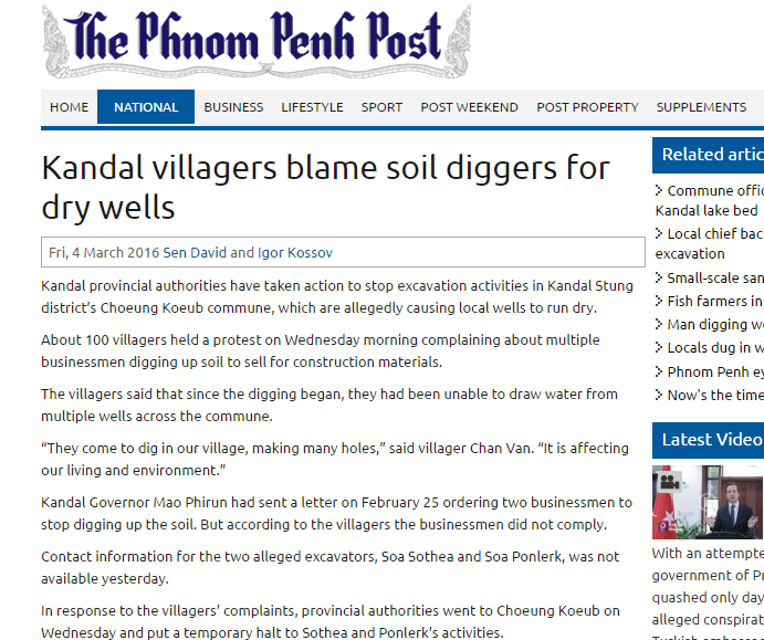 Kandal villagers blame soil diggers for dry wells