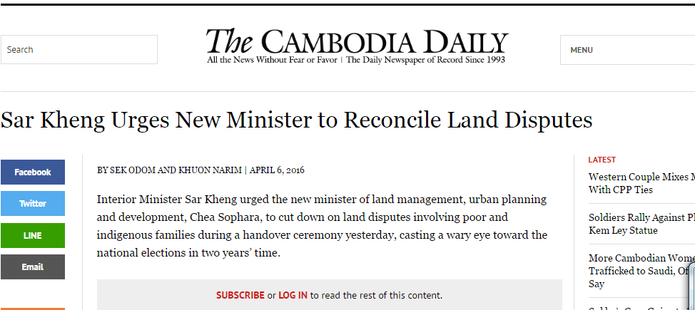 Sar Kheng Urges New Minister to Reconcile Land Disputes
