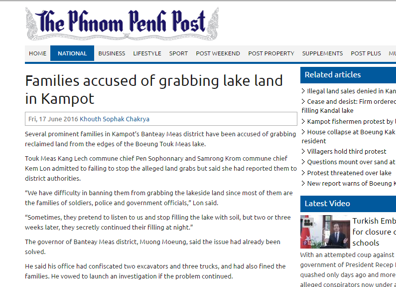 Families accused of grabbing lake land in Kampot