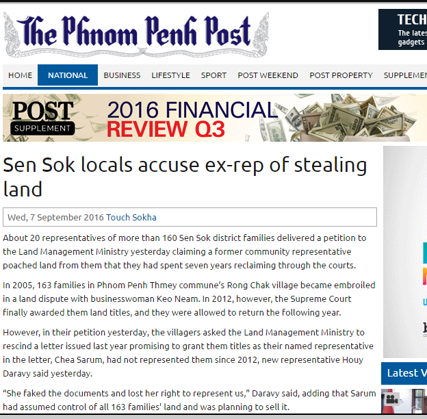 Sen Sok locals accuse ex-rep of stealing land