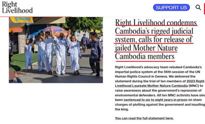 Right Livelihood រិះគន់ប្រព័ន្ធតុលាការខ្មែរនៅក្នុងកិច្ចប្រជុំក្រុមប្រឹក្សាសិទ្ធិមនុស្ស UN